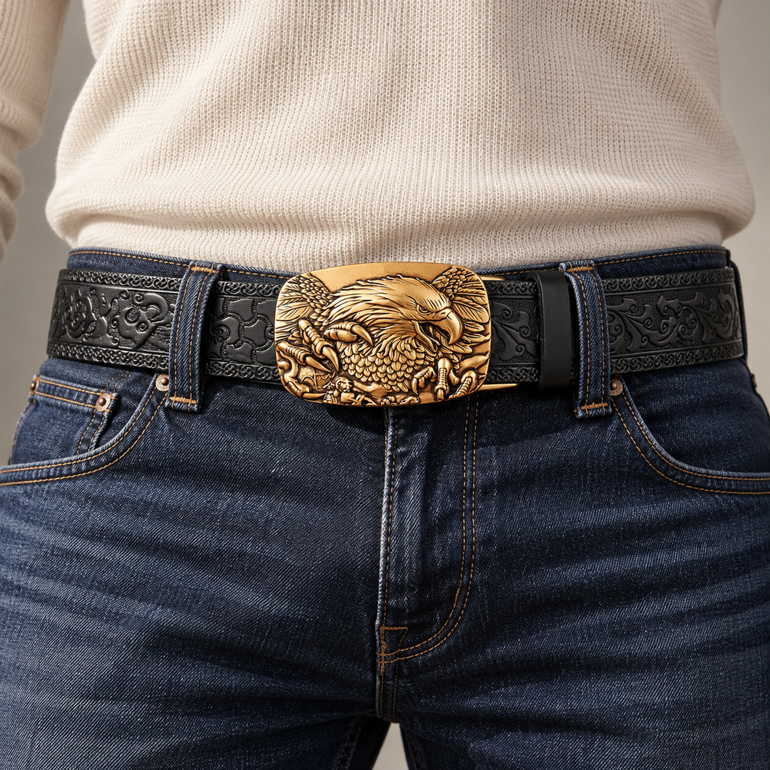 worn front black gold eagle buckle belt