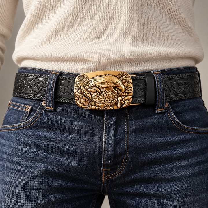 worn front black gold eagle buckle belt