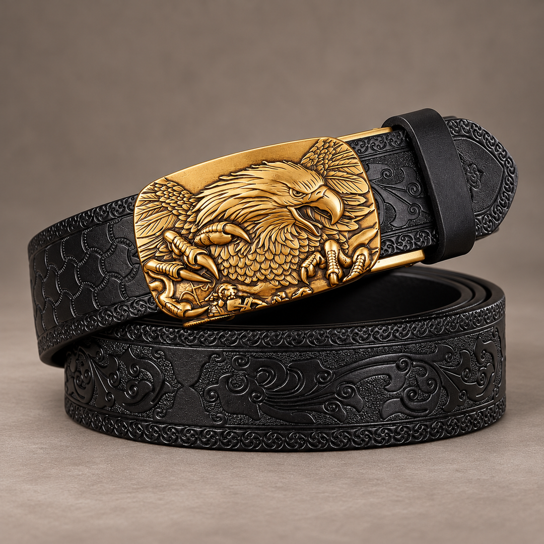 rolled hero black gold eagle buckle belt