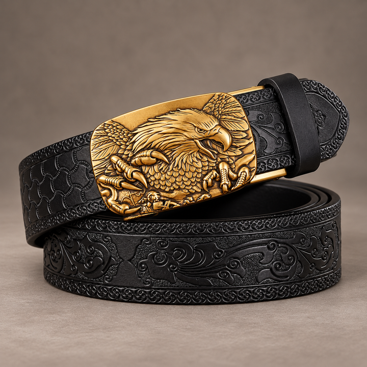 rolled hero black gold eagle buckle belt