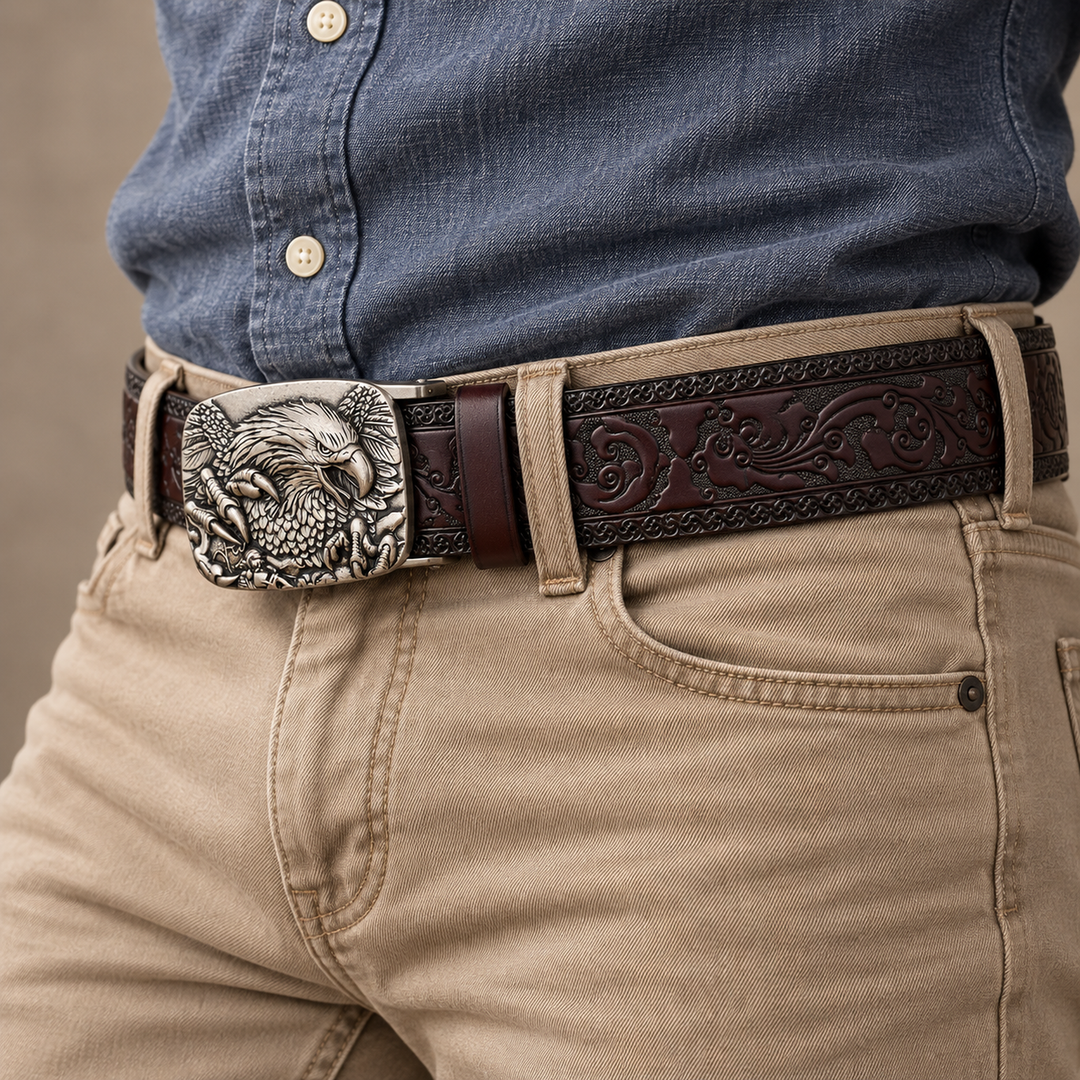 worn angle brown silver eagle buckle belt