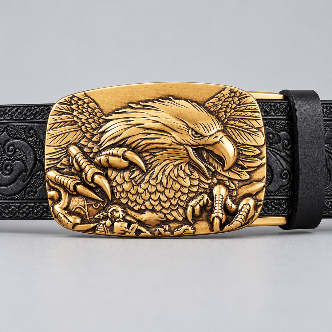 buckle front black gold eagle buckle belt