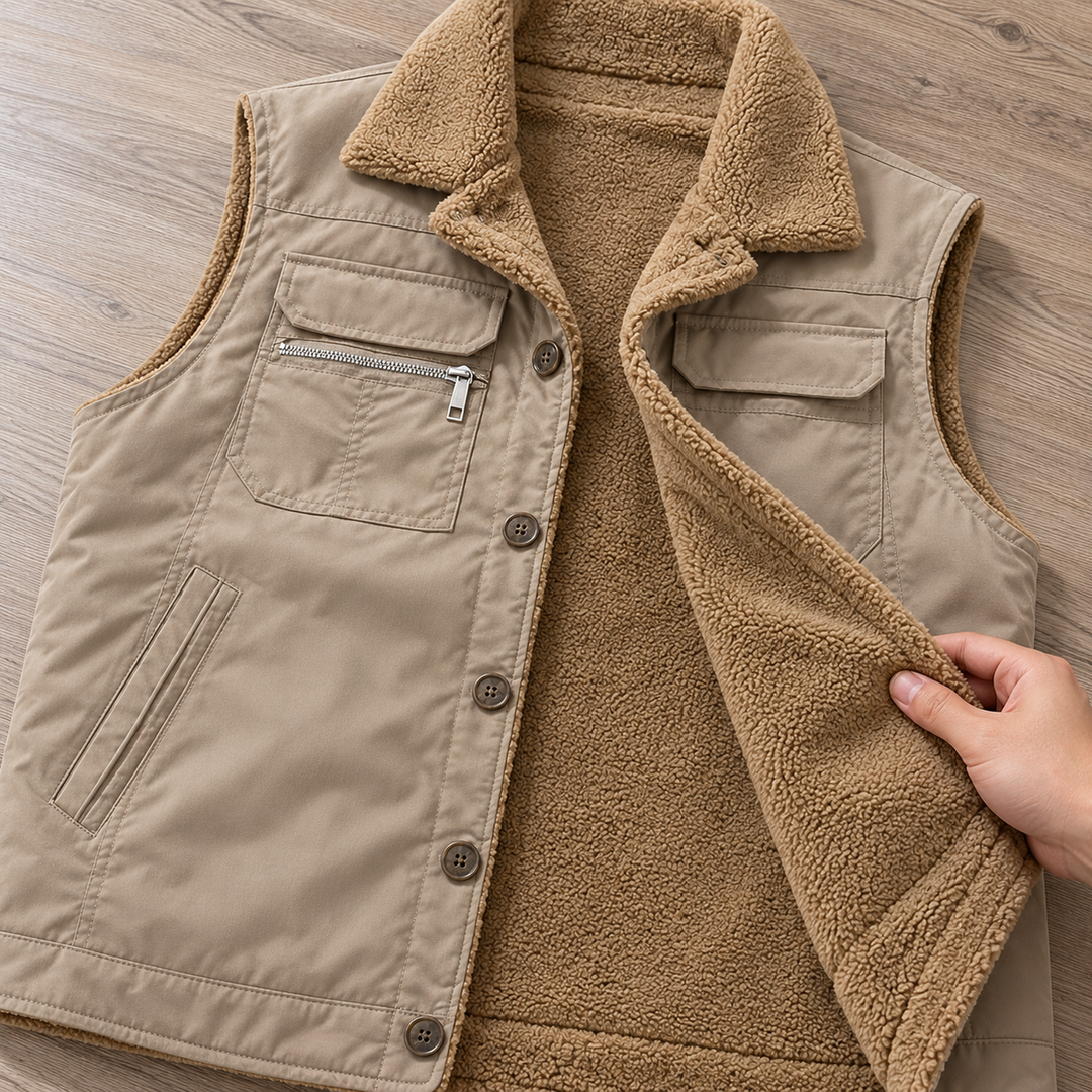 Hand reveals the tan plush interior of the khaki utility vest