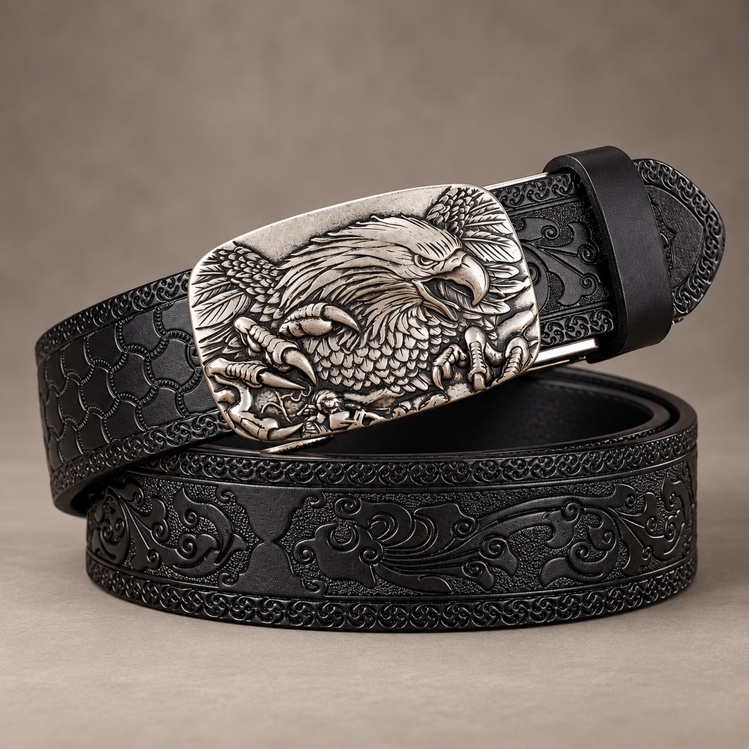 rolled hero black silver eagle buckle belt