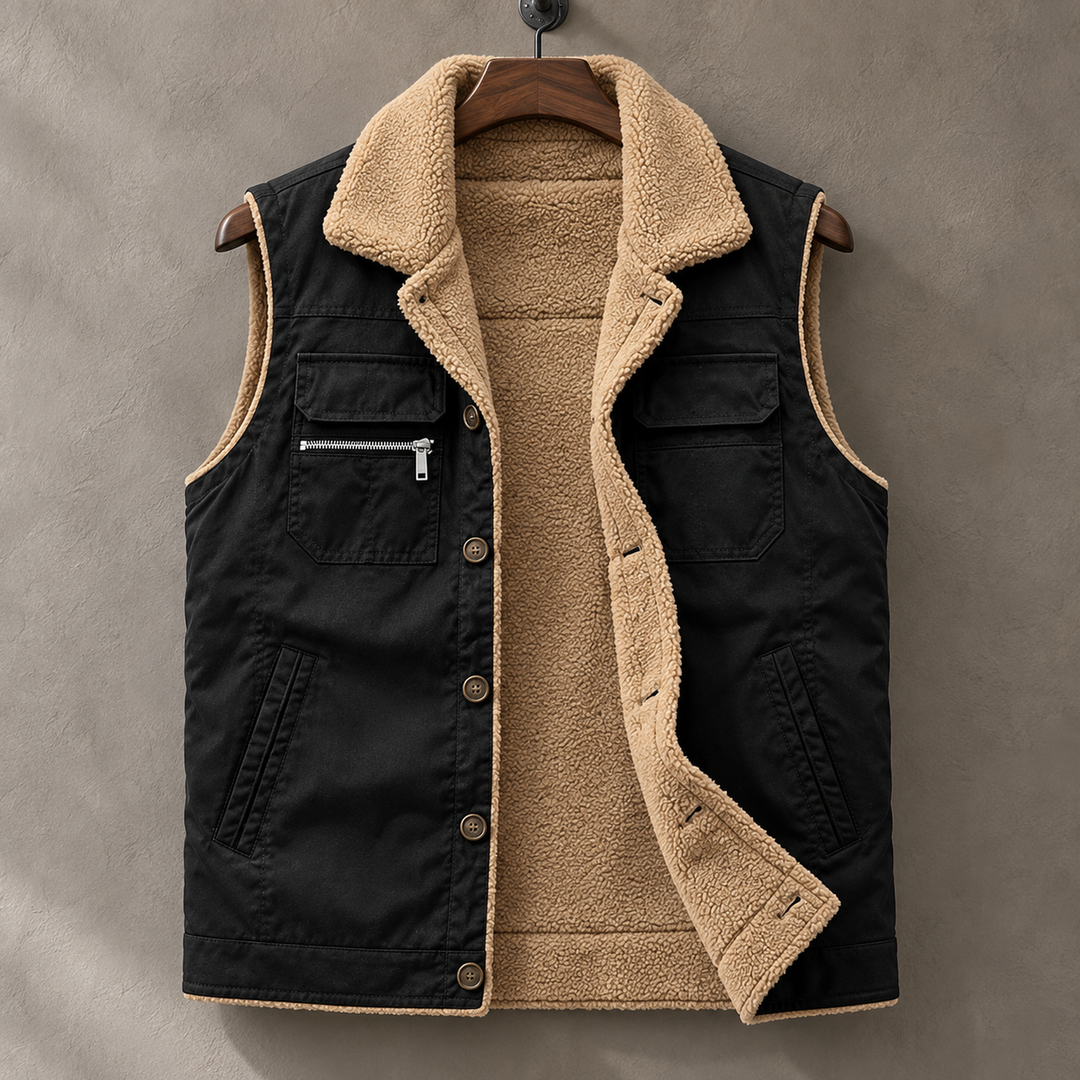 Full black utility vest on a hanger with plush lining revealed