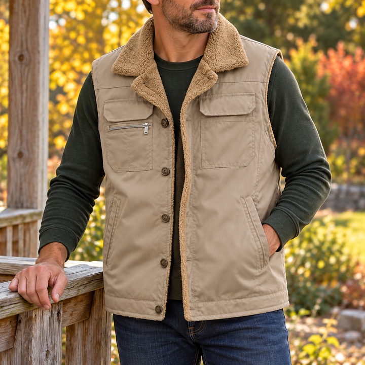Khaki plush-lined utility vest worn outdoors over a green shirt
