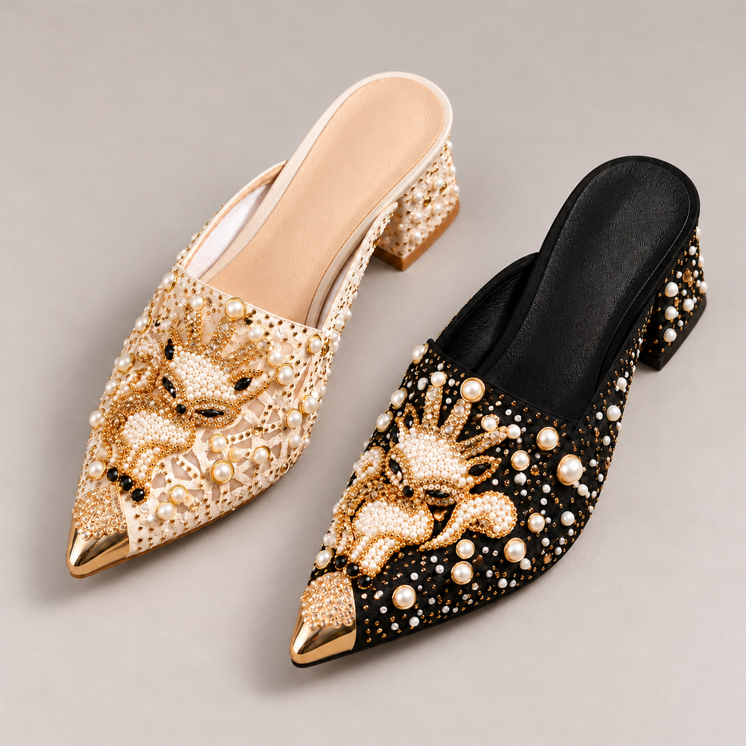 Closer view of Khaki and black Odette mules side by side, showing their embellished uppers and pointed gold-tone toes.