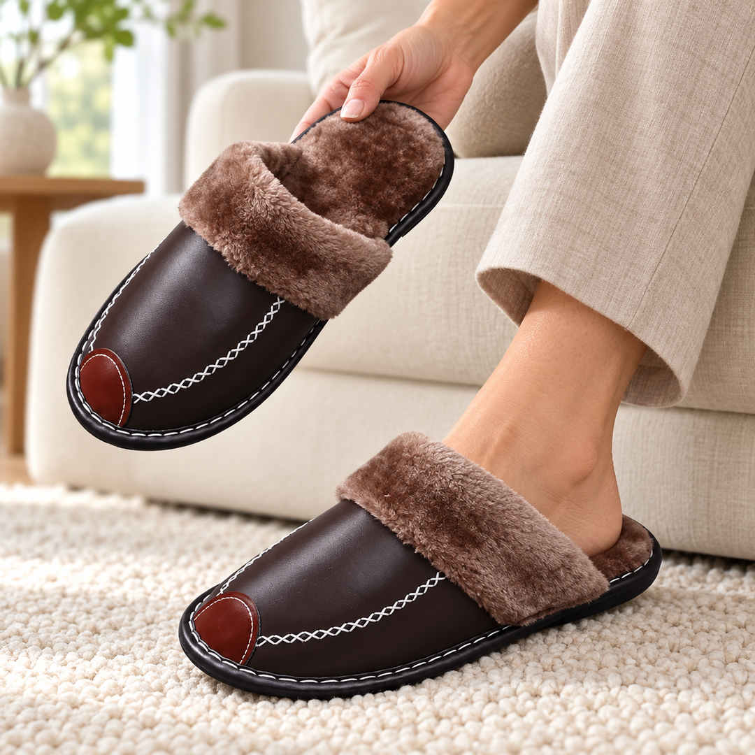 Dark Brown Alder slippers worn and held to show the lining
