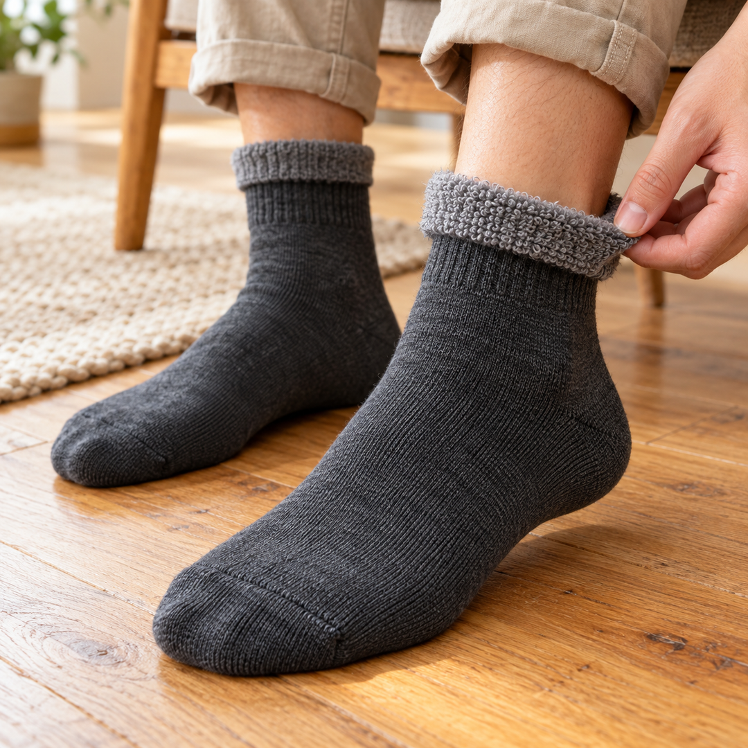 Dark Gray wool socks worn on a warm wooden floor, with a turned cuff showing the plush gray terry interior