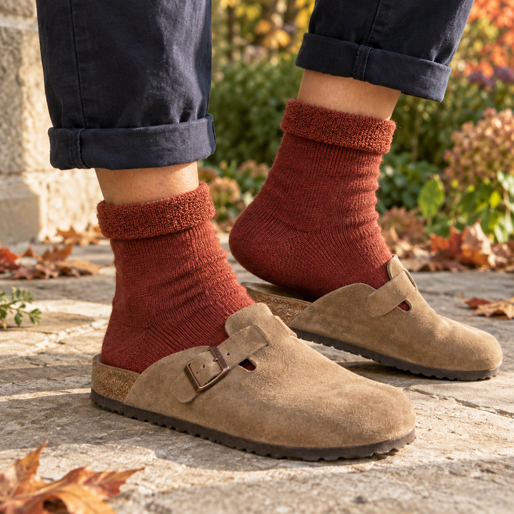 Bramble socks styled with casual shoes and trousers outdoors
