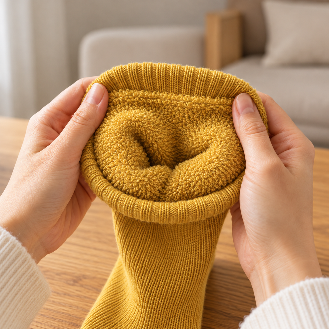 Yellow sock held open by hand to show its plush terry interior