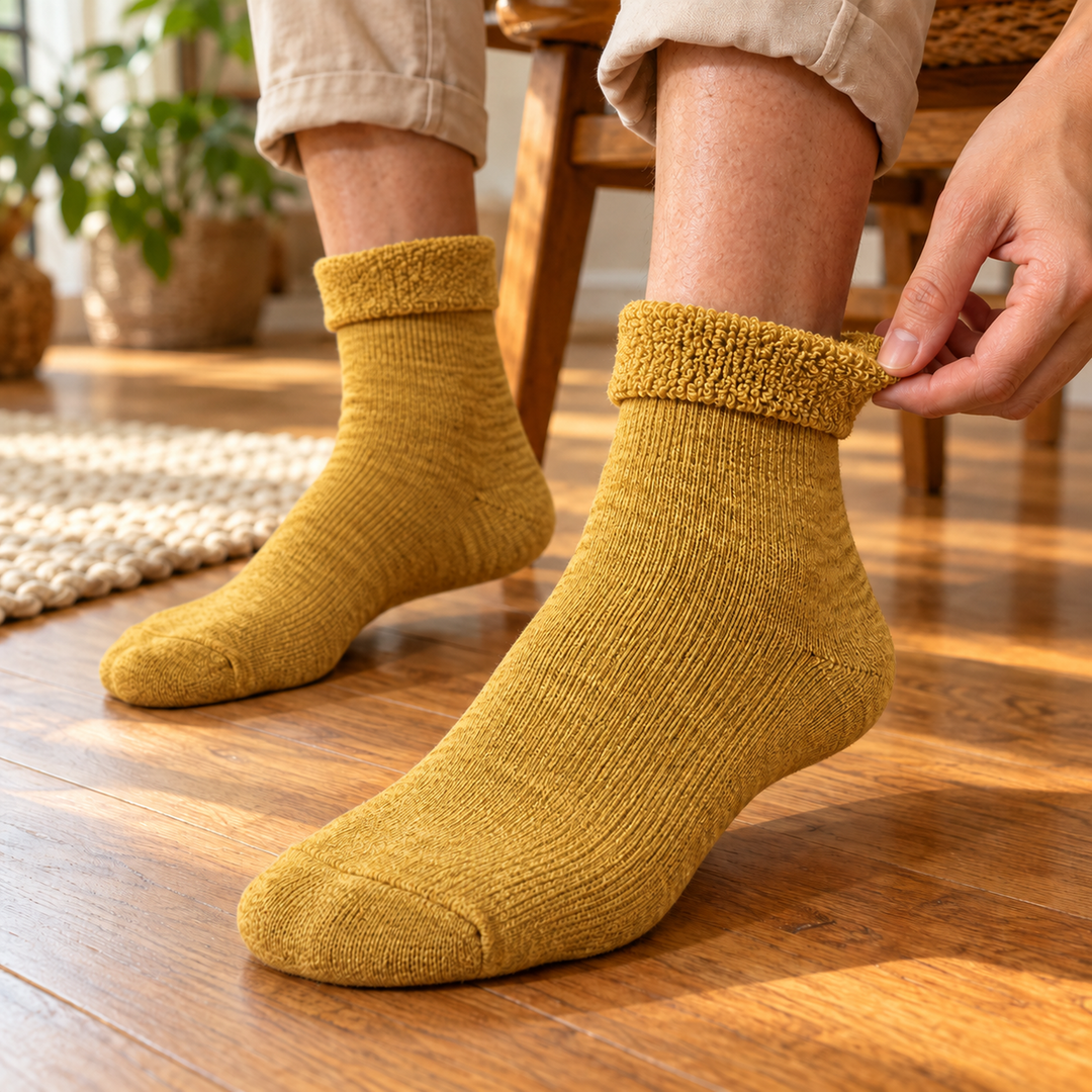 Yellow socks worn with cuffs turned out to show the plush terry interior