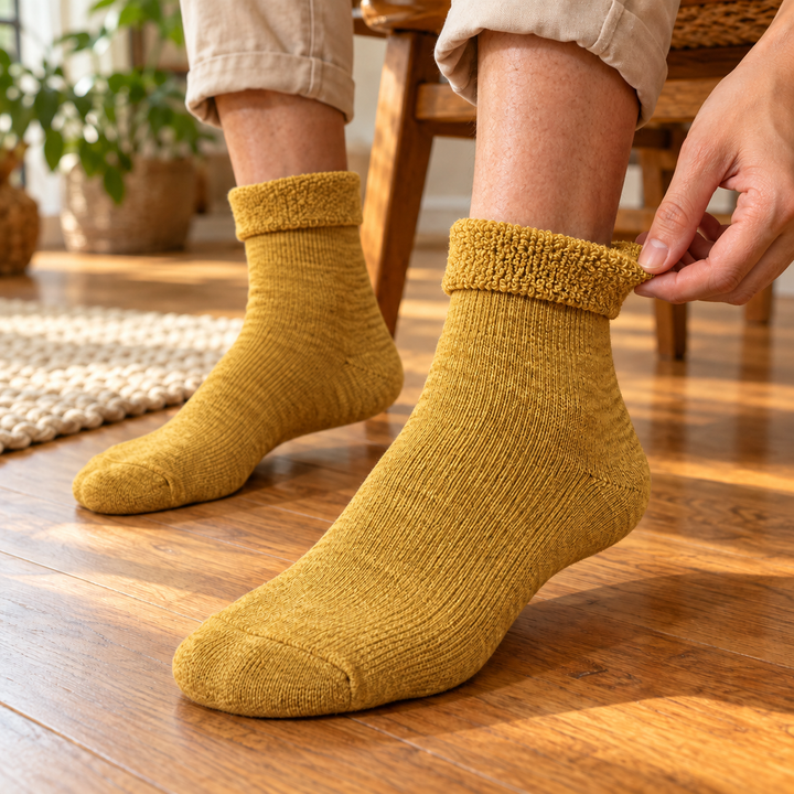 Yellow socks worn with cuffs turned out to show the plush terry interior