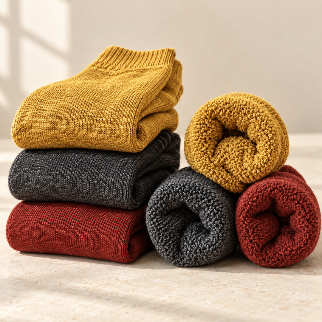 Three-colour sock bundle in Yellow, Red and Dark Gray, showing the knit exterior and plush terry interior