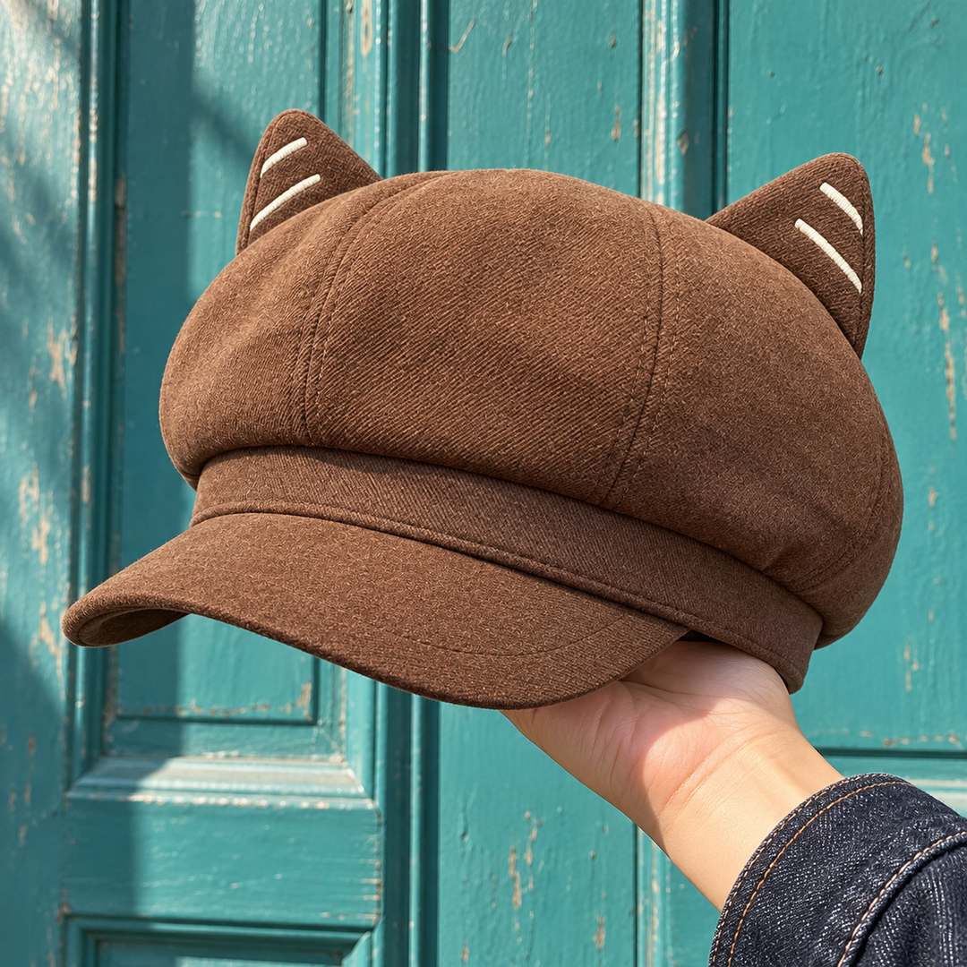 Coffee Cleo Cat-Ear Cap held in hand against teal door