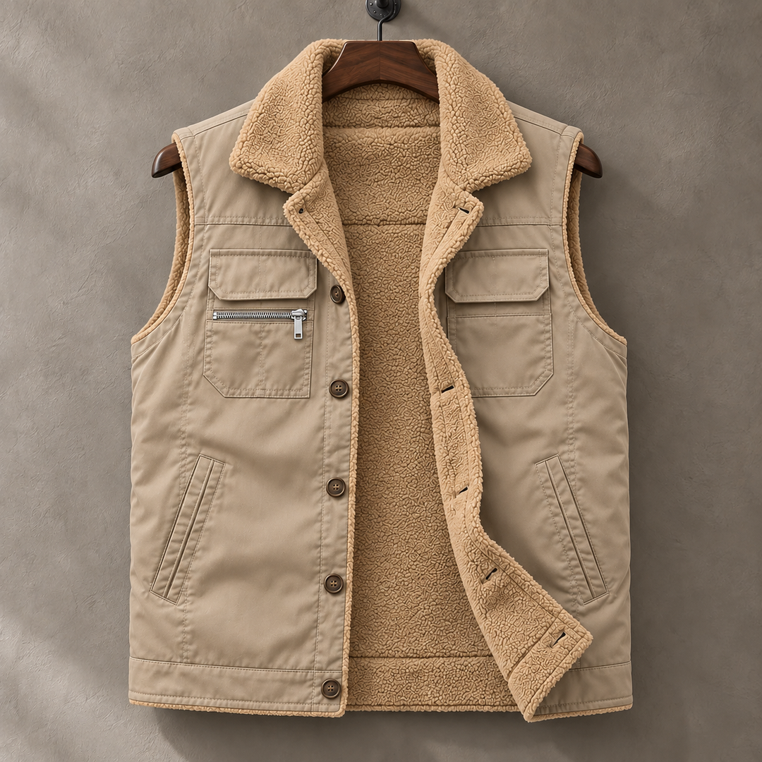 Khaki Hudson plush-lined vest on a wooden hanger, open to reveal tan lining