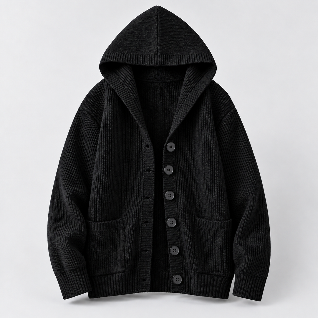 Hooded rib-knit cardigan, black front
