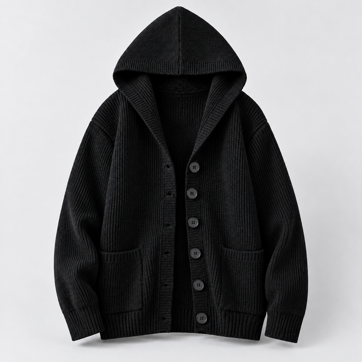 Hooded rib-knit cardigan, black front