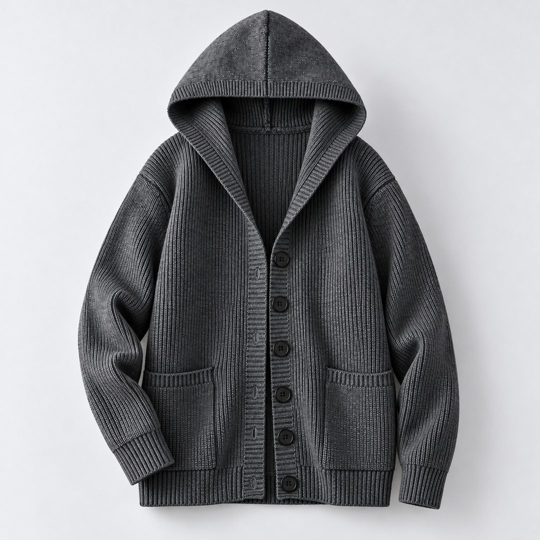 Hooded rib-knit cardigan, charcoal front