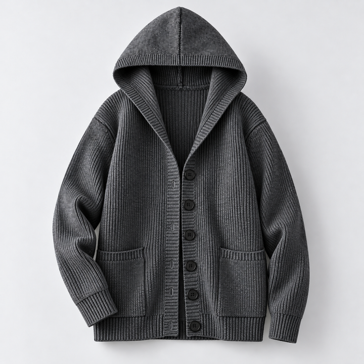 Hooded rib-knit cardigan, charcoal front