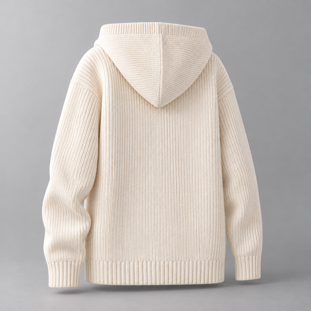 Hooded rib-knit cardigan, ivory back