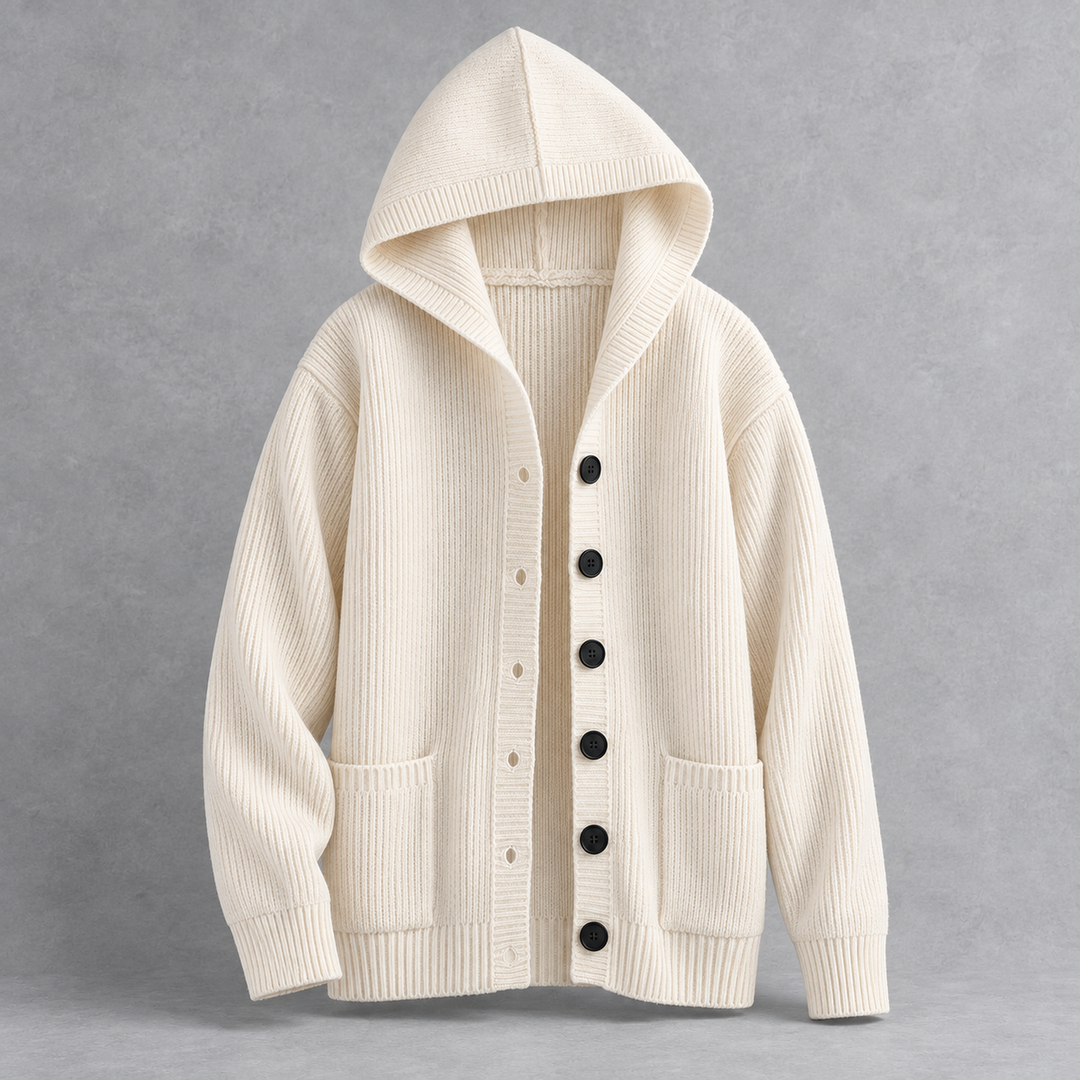 Ivory rib-knit hooded cardigan, front view