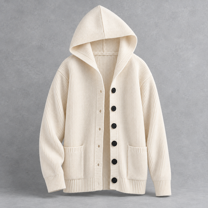 Ivory rib-knit hooded cardigan, front view