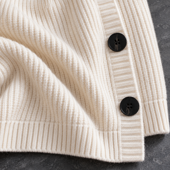 Hooded rib-knit cardigan, ivory knit buttons