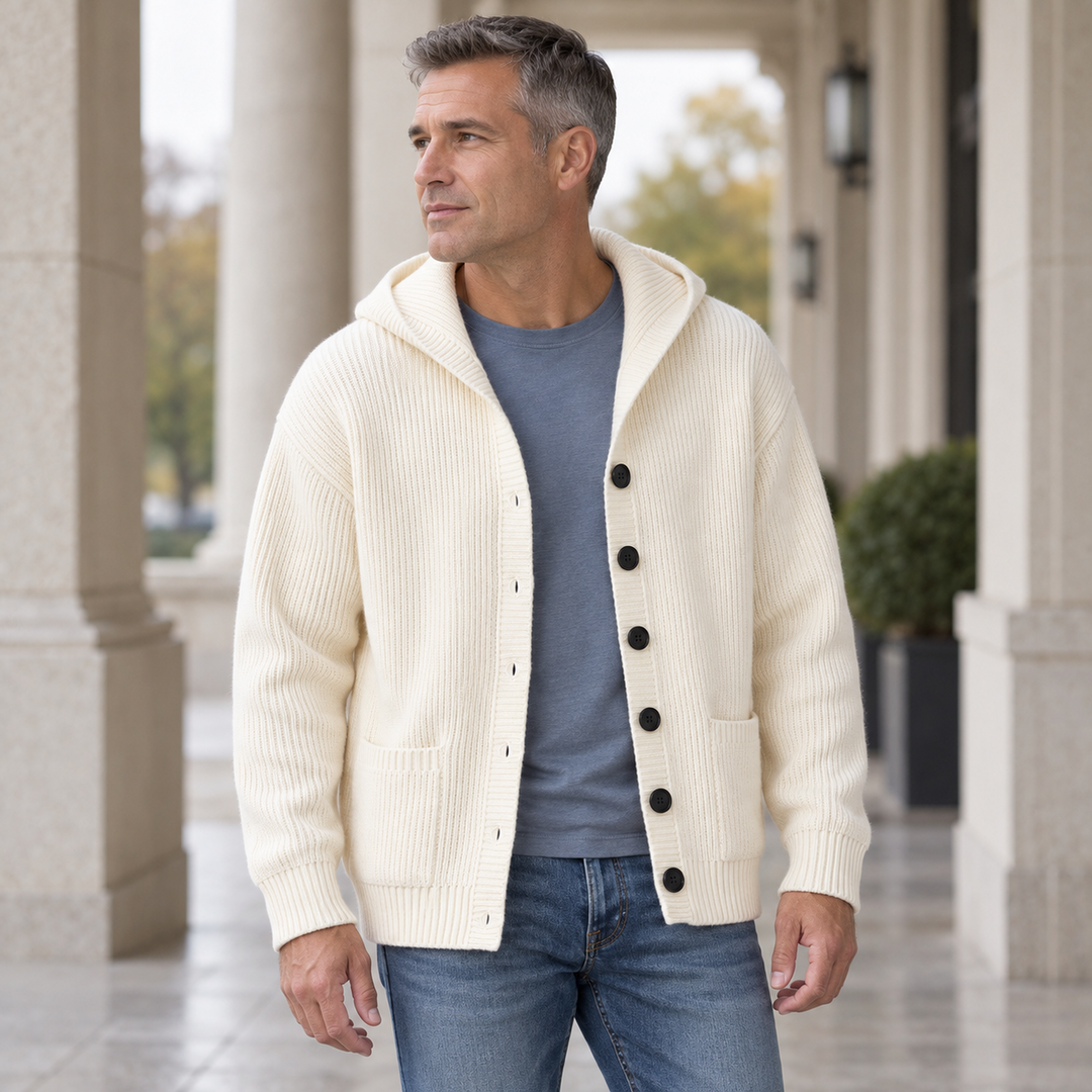 Hooded rib-knit cardigan, ivory model