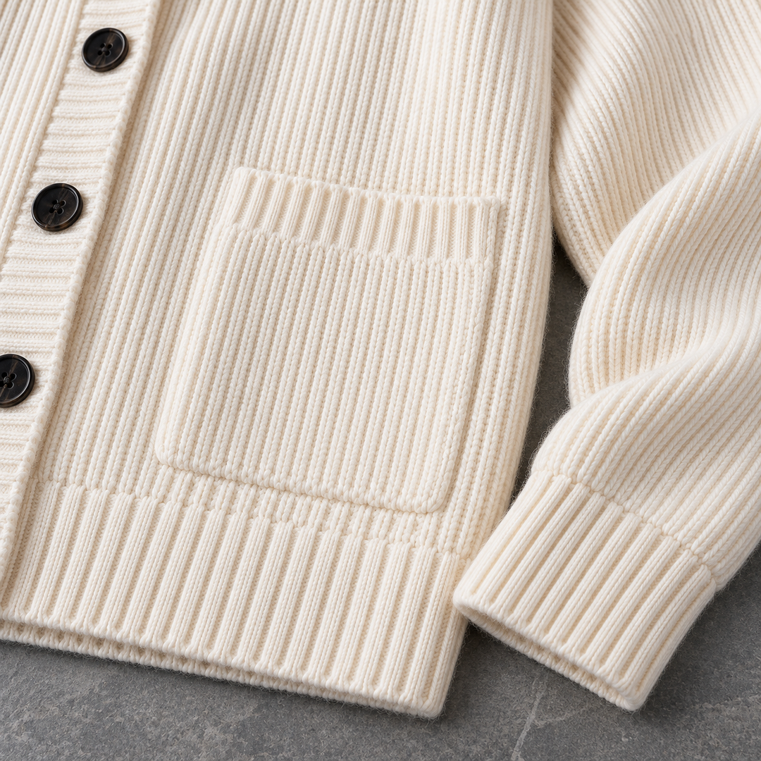 Hooded rib-knit cardigan, ivory pocket cuff