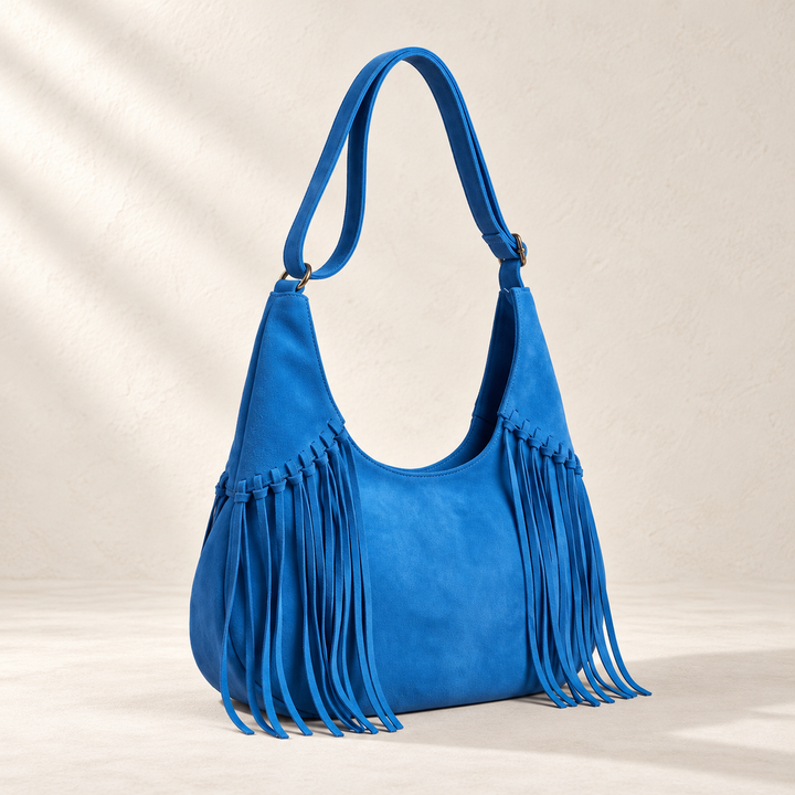 Fringe bag, blue front view
