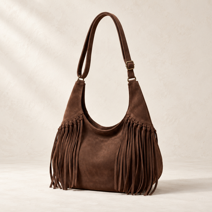 Fringe bag, brown front view