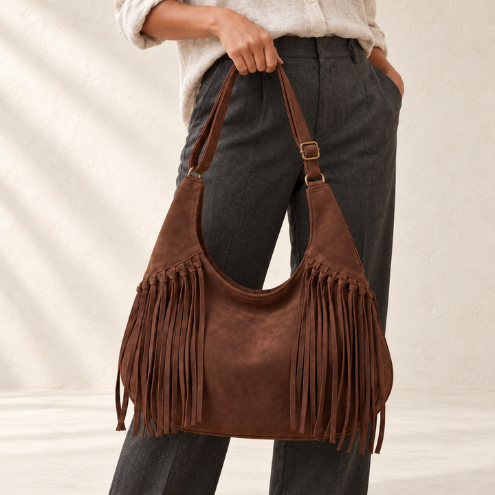 Fringe bag, brown handheld view