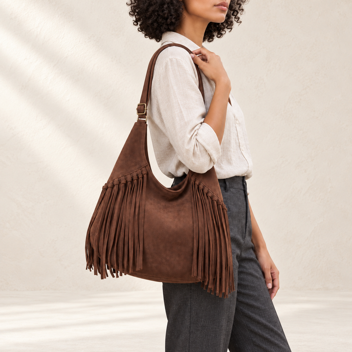 Fringe bag, brown shoulder view