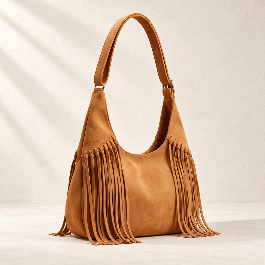 Fringe bag, tan front view