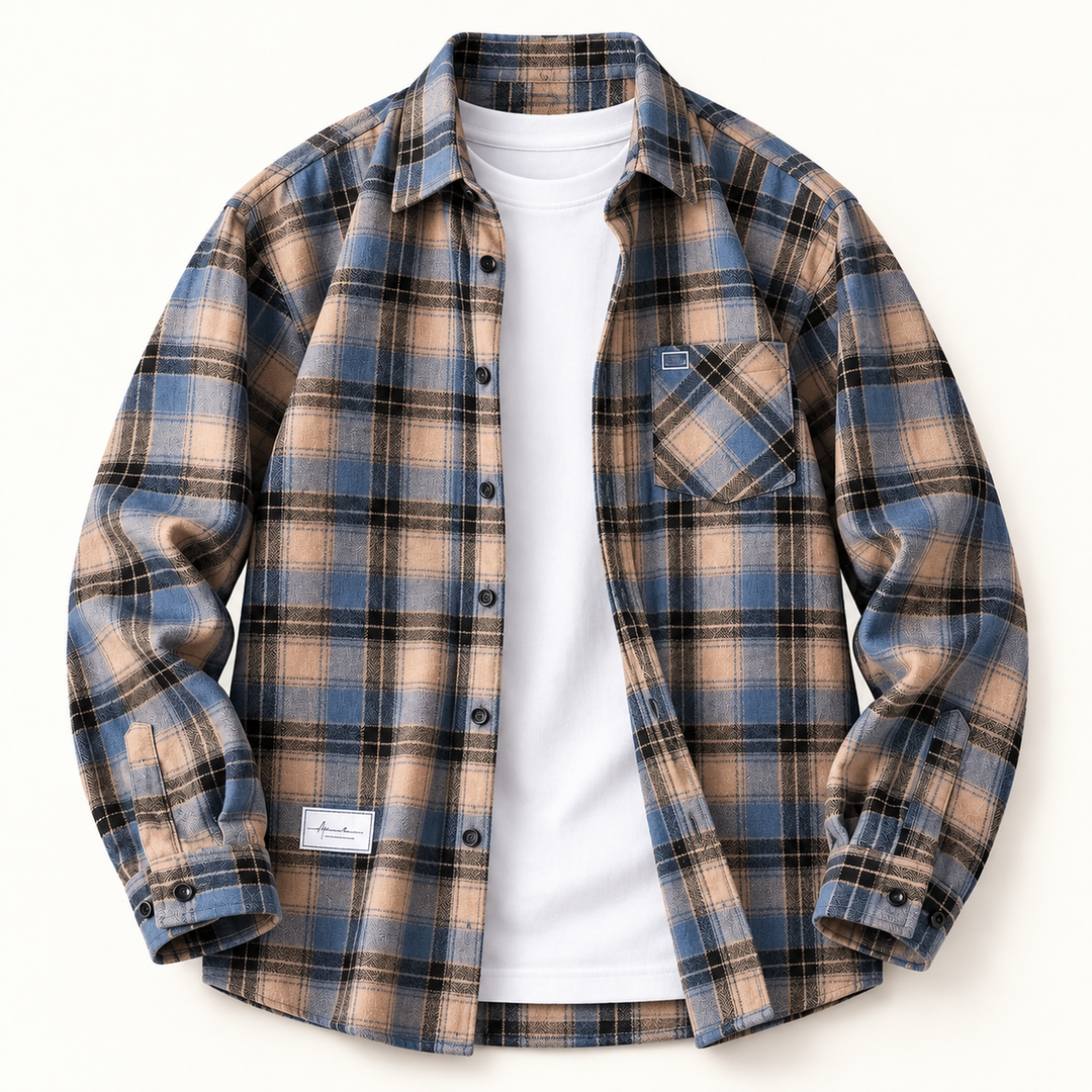Open-front blue and beige plaid flannel shirt styled over a white T-shirt.