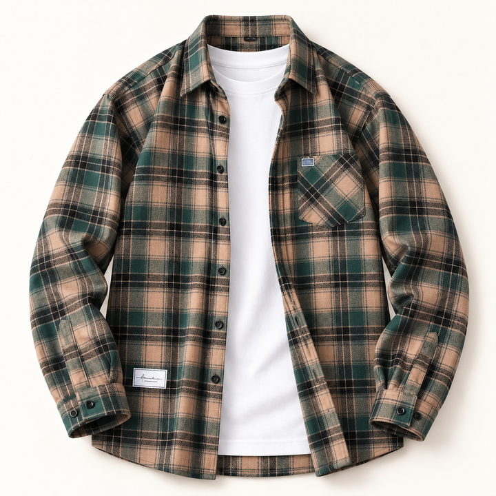 Open-front green and beige plaid flannel shirt styled over a white T-shirt.