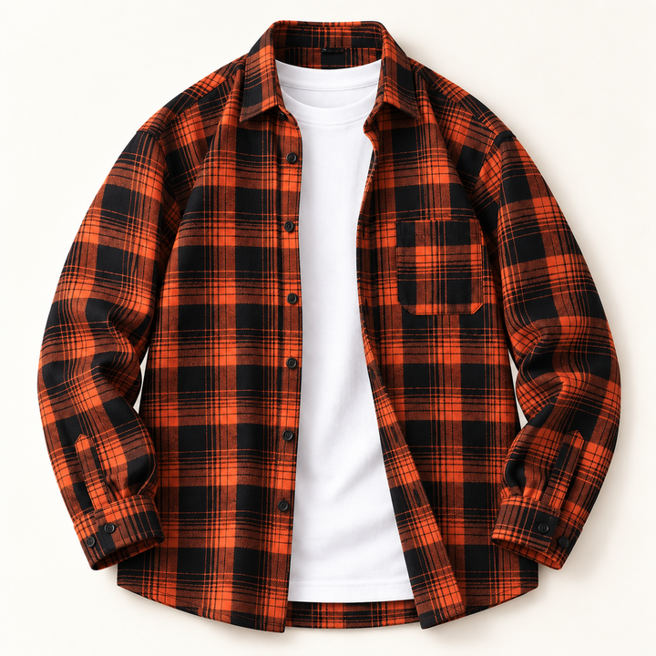 Open-front orange and black plaid flannel shirt styled over a white T-shirt.